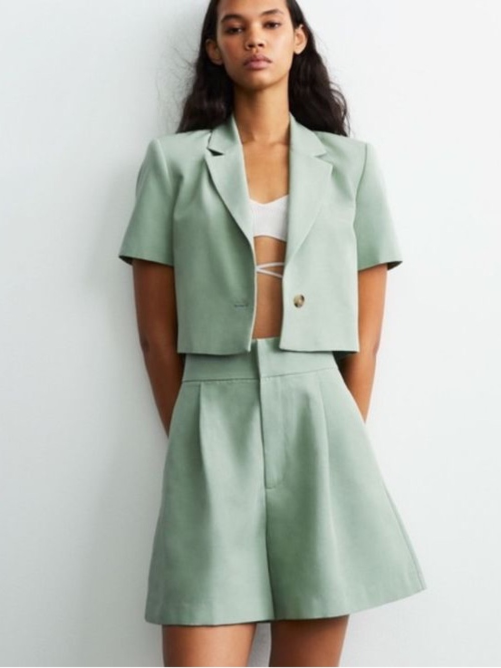Zara Mint Green Cropped Blazer & High-Waist Shorts Set xs